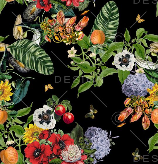 黑底花卉印花华亿平台图片