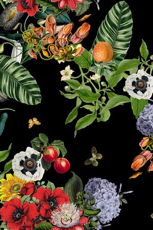 黑底花卉印花华亿平台图片