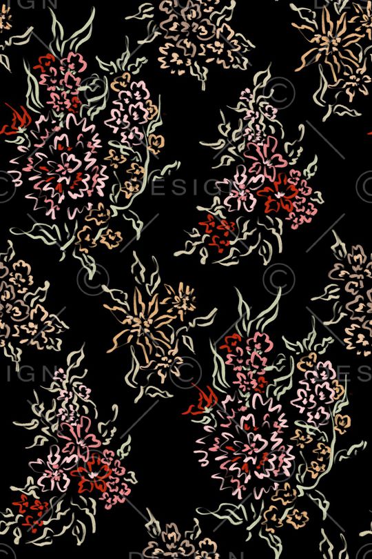 黑底花卉印花华亿平台图片