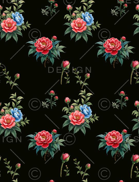 黑底花卉印花华亿平台图片