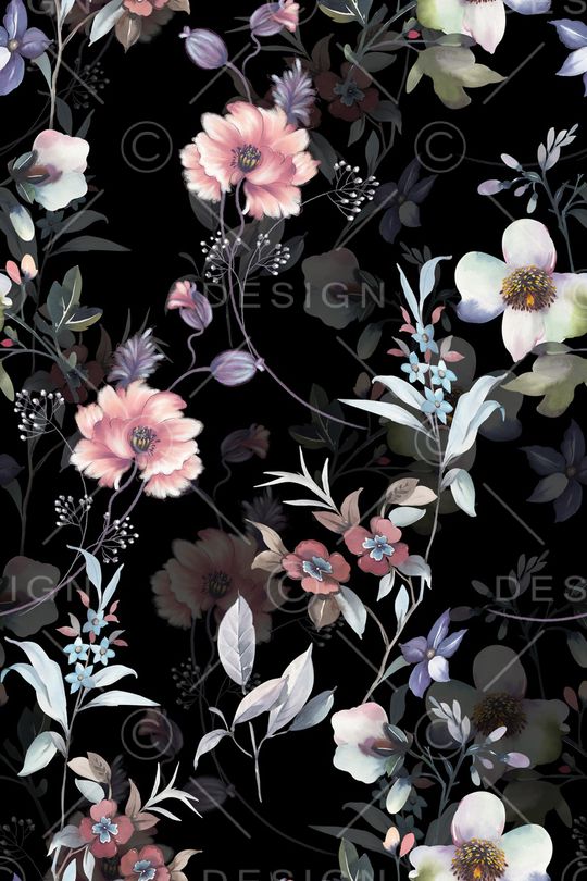 黑底花卉印花华亿平台图片