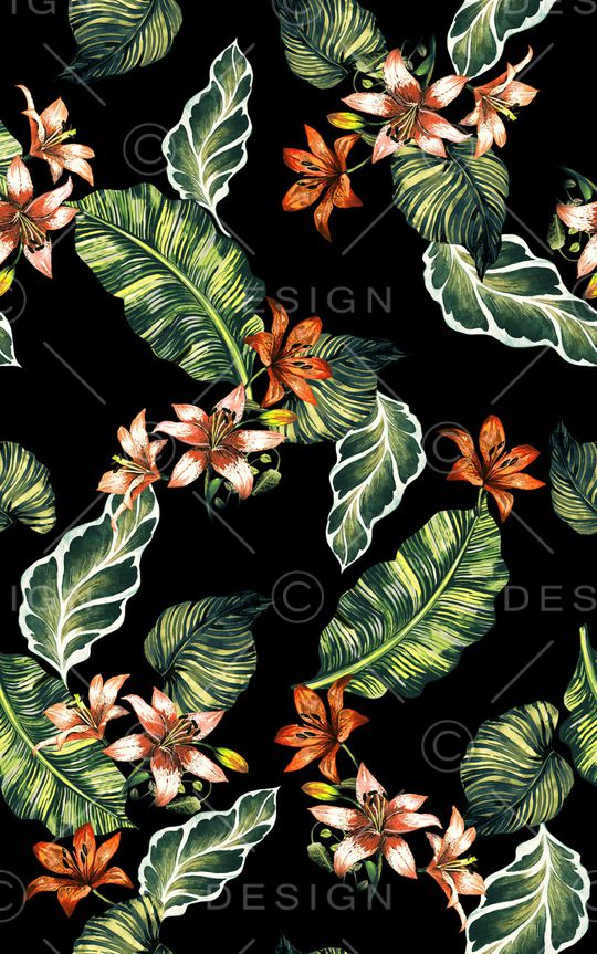 黑底花卉印花华亿平台图片