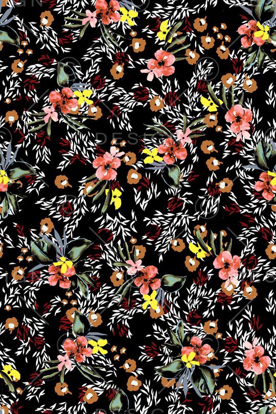 黑底花卉印花华亿平台图片