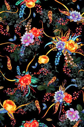 黑底花卉印花华亿平台图片