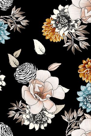 黑底花卉印花华亿平台图片