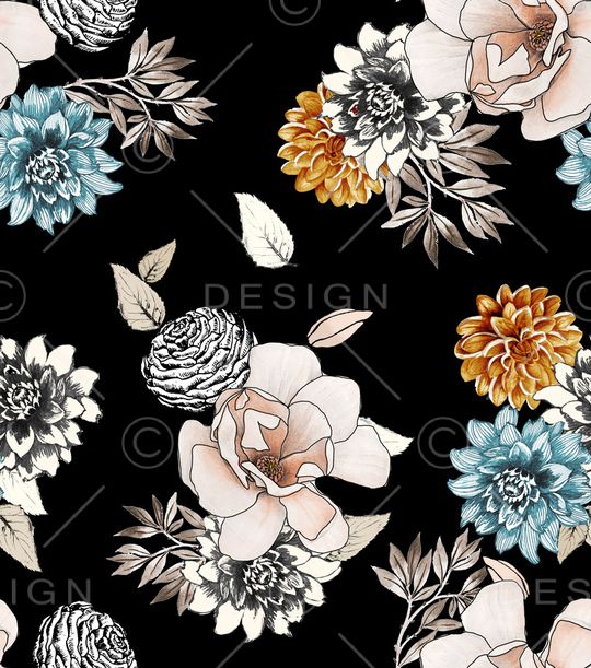 黑底花卉印花华亿平台图片