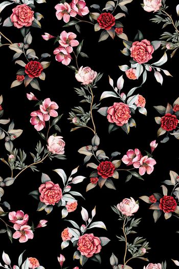 黑底花卉印花华亿平台图片