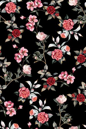 黑底花卉印花华亿平台图片