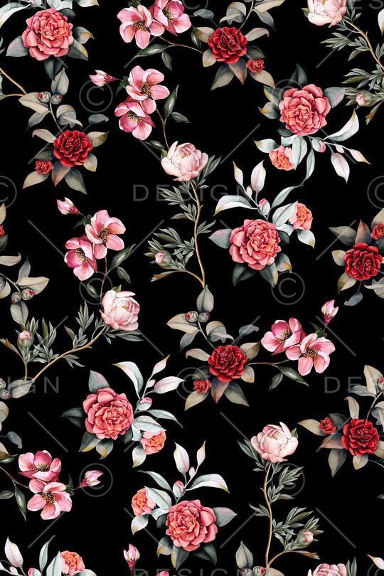 黑底花卉印花华亿平台图片