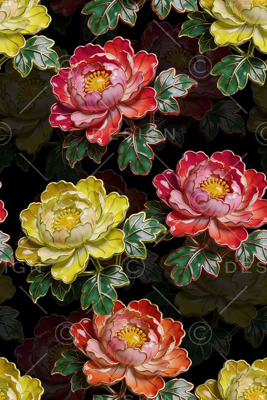 黑底花卉印花华亿平台图片