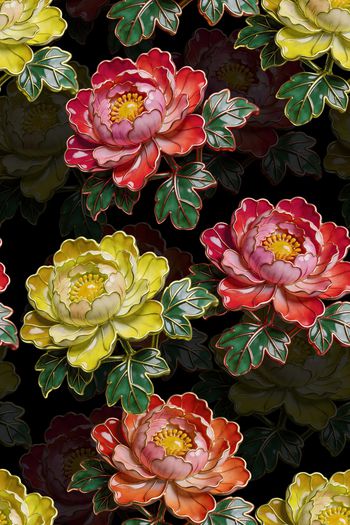 黑底花卉印花华亿平台图片