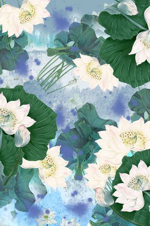 荷花 莲花 蓝底 莲蓬 湖水 荷叶 莲叶 服装印花华亿平台图片