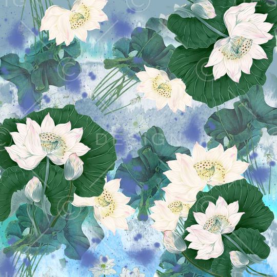 荷花 莲花 蓝底 莲蓬 湖水 荷叶 莲叶 服装印花华亿平台图片