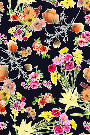 深底 黑底 水彩 水墨 效果 花卉 花朵 印花华亿平台图片