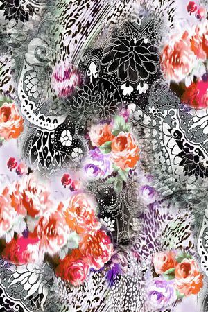 数码 黑底 红花 抽象 花卉 花朵印花华亿平台图片