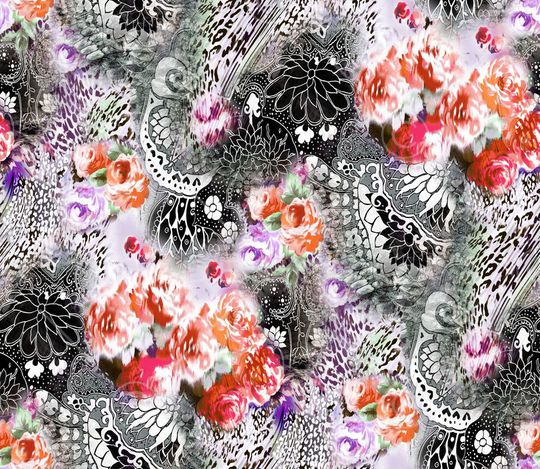 数码 黑底 红花 抽象 花卉 花朵印花华亿平台图片