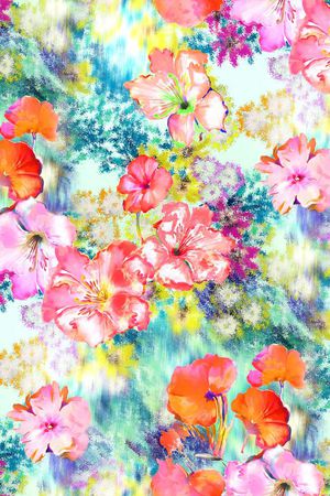 数码 红花 绿底 花卉 花朵 服装 印花华亿平台图片