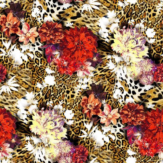 动物纹 虎纹 豹纹 大花 花卉 花朵 红色 拼贴印花华亿平台图片