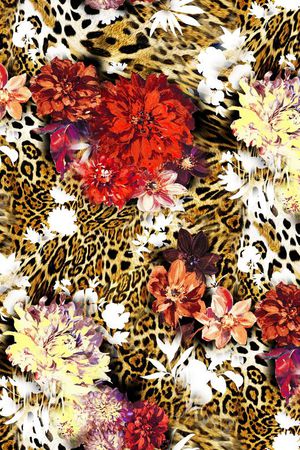 动物纹 虎纹 豹纹 大花 花卉 花朵 红色 拼贴印花华亿平台图片