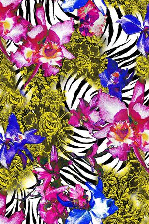 斑马纹 动物纹 花卉 花朵 黄色 玫红印花华亿平台图片