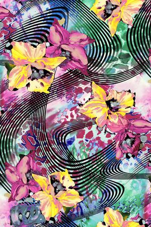 条纹 线条 花朵 花卉 黄色 数码 服装印花华亿平台图片