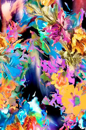 烂花  抽象 黑底 蓝色 红色 橘黄色印花华亿平台图片