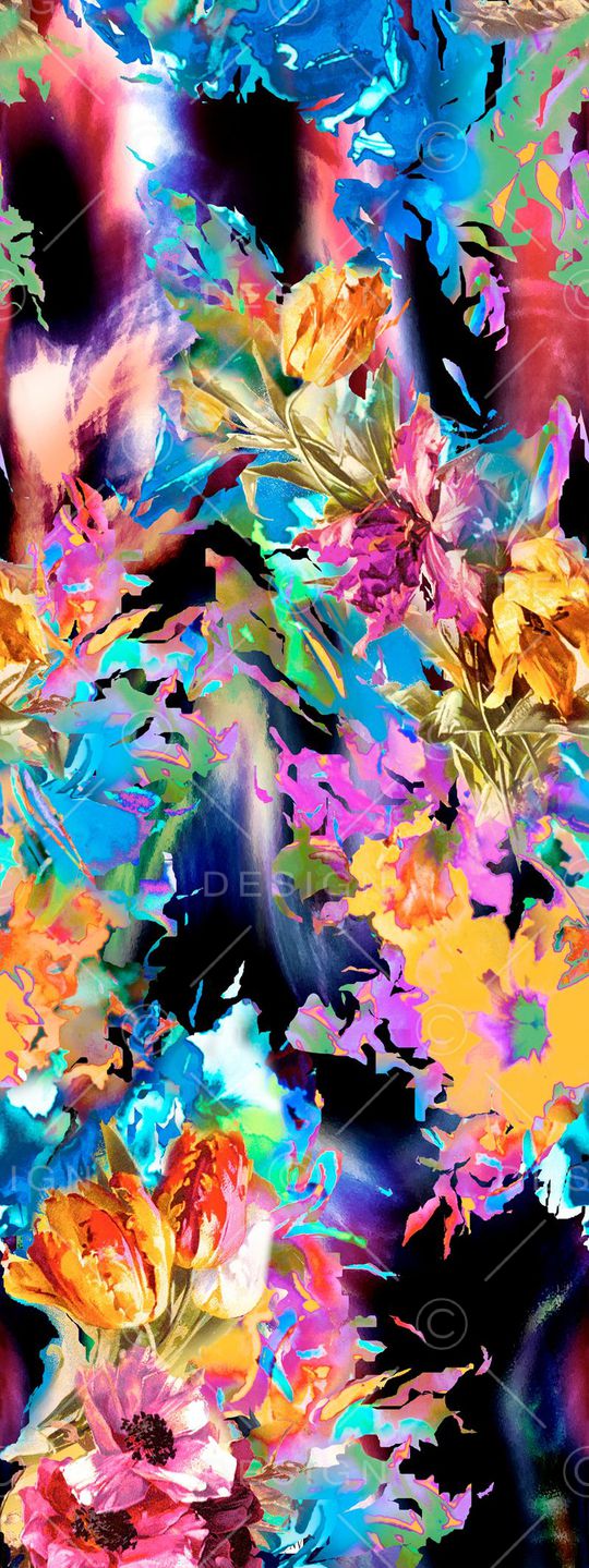 烂花  抽象 黑底 蓝色 红色 橘黄色印花华亿平台图片