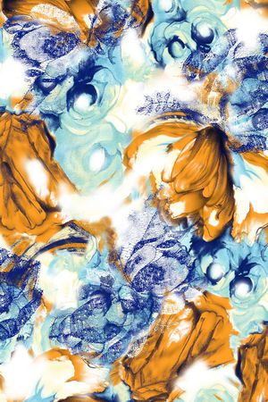 数码 蕾丝 朦胧 大黄花 花朵 花卉 蓝底 橙色 橘黄色 印花华亿平台图片