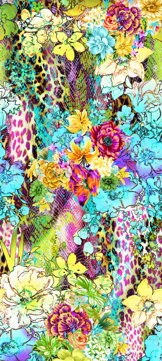 蛇纹 豹纹 花卉 小花 大花 拼贴 艳丽 蓝色 玫红印花华亿平台图片