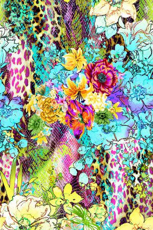 蛇纹 豹纹 花卉 小花 大花 拼贴 艳丽 蓝色 玫红印花华亿平台图片