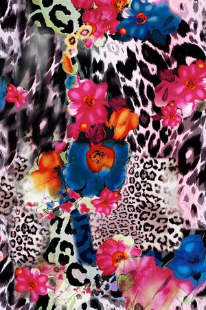 豹纹 大花 拼贴 红色 蓝色 花卉 花朵 水粉印花华亿平台图片