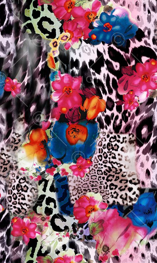 豹纹 大花 拼贴 红色 蓝色 花卉 花朵 水粉印花华亿平台图片