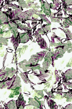 花鸟 水彩 抽象 灰色 紫色 树叶印花华亿平台图片