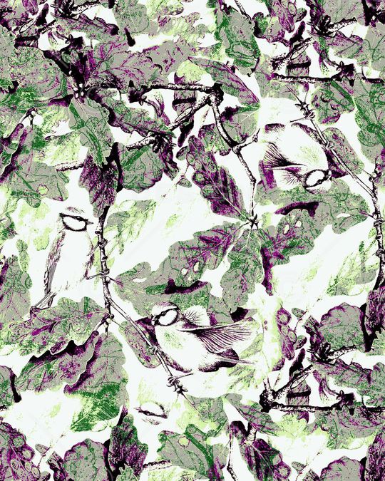 花鸟 水彩 抽象 灰色 紫色 树叶印花华亿平台图片