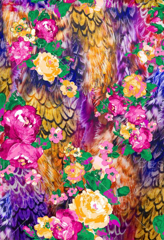动物纹 羽毛 花朵 花卉 紫色 玫红色印花华亿平台图片