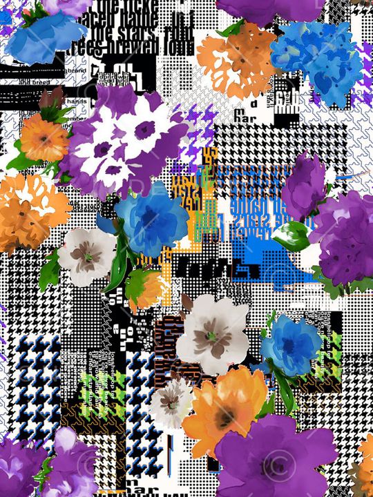 数码 格子 大花 花卉 印花华亿平台图片