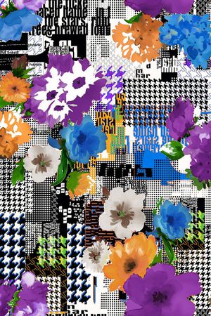数码 格子 大花 花卉 印花华亿平台图片