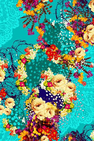 蓝底 大花 花卉 花朵 服装印花华亿平台图片