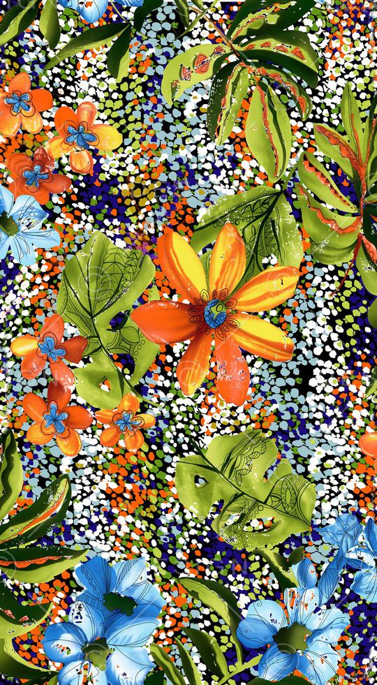 热带 树叶 叶子 花卉 花朵 蓝色 橙色印花华亿平台图片