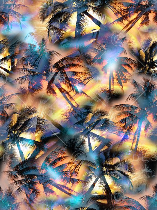 热带 植物 椰子树 风景 夕阳 蓝天 数码 朦胧 印花华亿平台图片