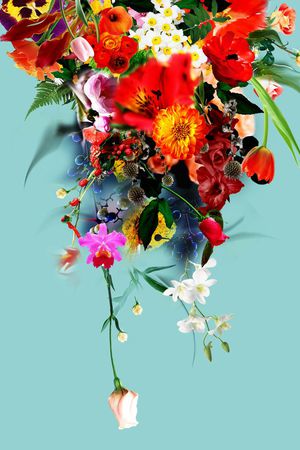 定位花 蓝底 花卉 花朵 绿叶 鲜花 印花华亿平台图片