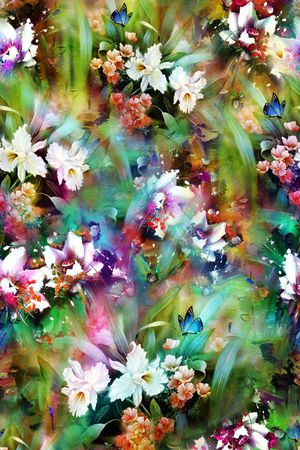 满底 蝴蝶 动物 花卉 花朵 鲜花 树叶 绿叶 印花华亿平台图片