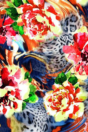 数码 豹纹 大红花  花朵  鲜花 服装 复古印花华亿平台图片