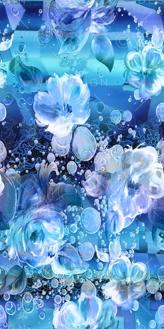 数码 蓝底 梦幻 大花 水泡 蕾丝印花华亿平台图片