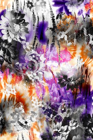 数码 蕾丝 大花朵 花卉 鲜花 紫色 橙色印花华亿平台图片