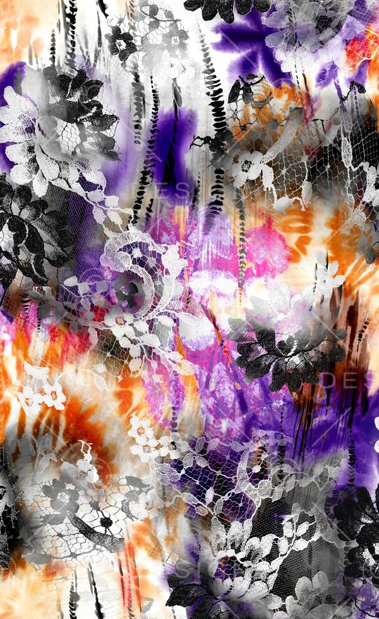 数码 蕾丝 大花朵 花卉 鲜花 紫色 橙色印花华亿平台图片