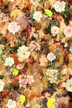 多彩 花卉 花朵 组合 满底 黄色 绿叶印花华亿平台图片