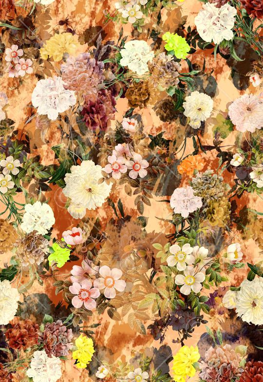 多彩 花卉 花朵 组合 满底 黄色 绿叶印花华亿平台图片