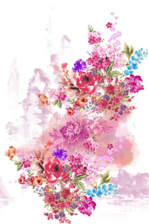 水墨风  多彩 花卉 花朵 山峰 印花华亿平台图片