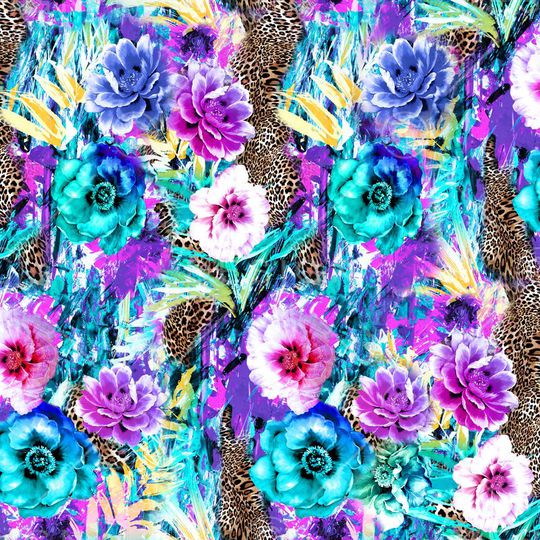 数码  豹纹 大花  花卉 花朵 拼贴 动物纹 服装印花华亿平台图片